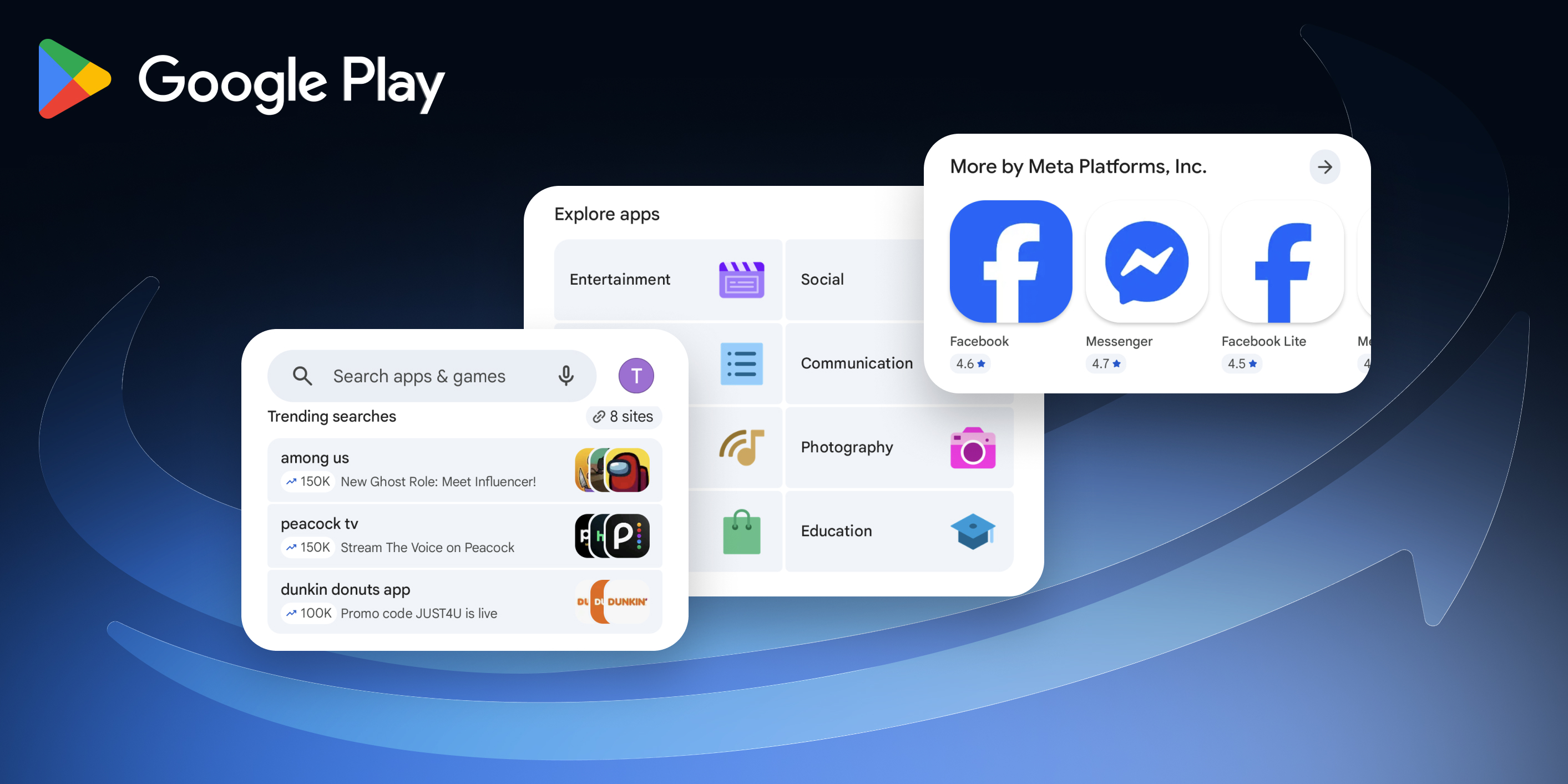 Google Play interface displays trending searches, app categories like Entertainment and Photography, and apps by Meta Platforms.