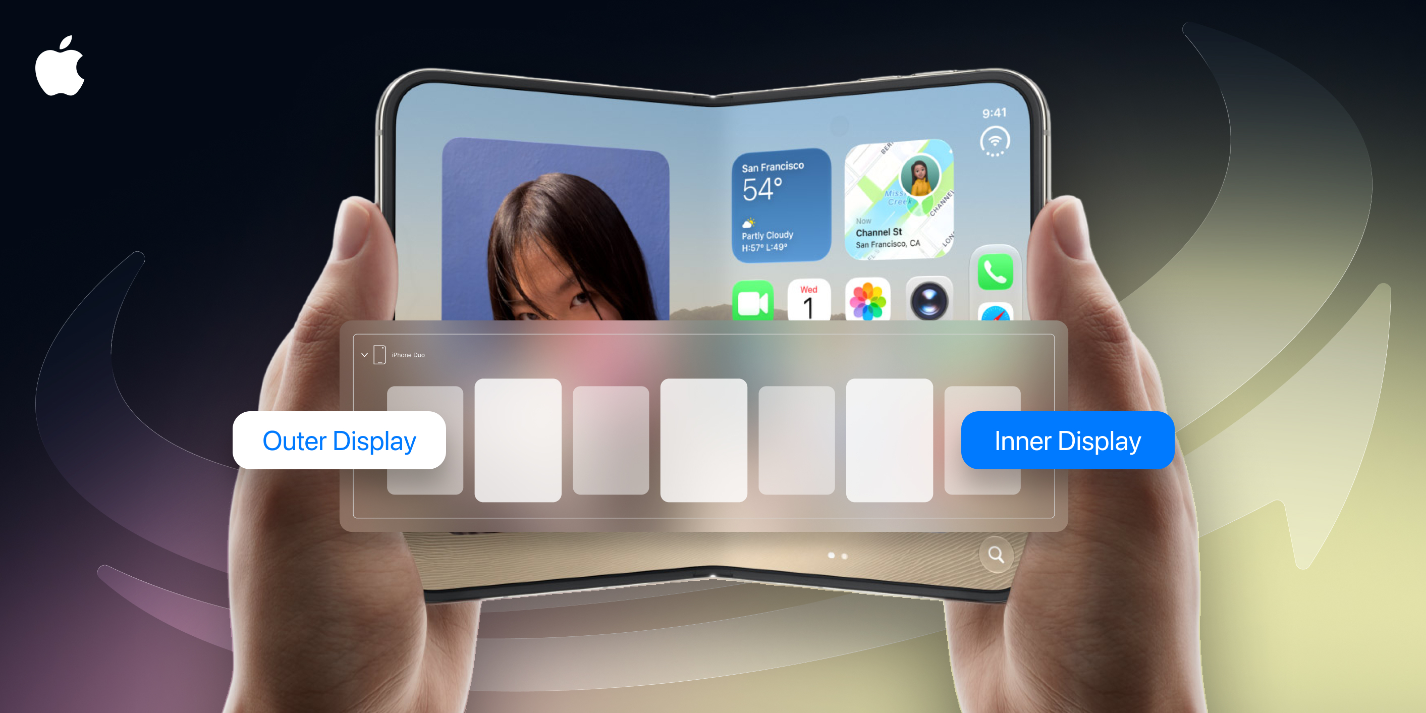 Hands hold an open foldable iPhone showing widgets, apps, and labels for "Outer Display" and "Inner Display.