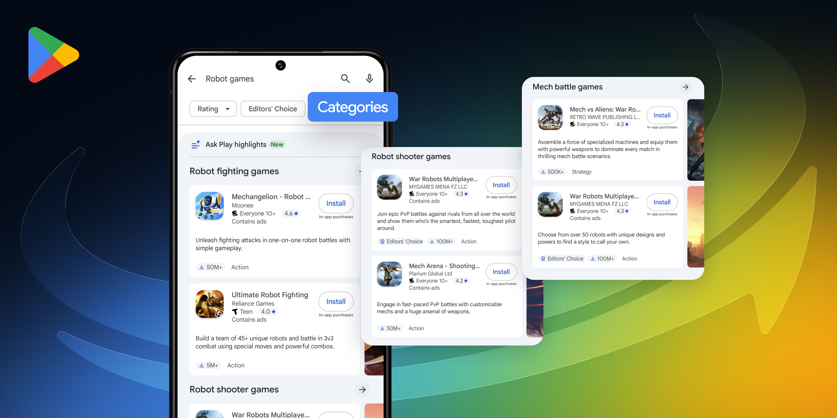 Google Play search results displaying app comparisons grouped by subcategories.